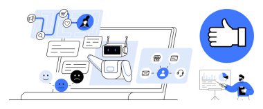 Robot işleme mesajları, simgeler, analitikler ve dizüstü bilgisayardaki simgeler. Grafikleri sunan kullanıcı. Teknoloji, otomasyon, destek, iş iletişimi UX tasarımı için ideal basit iniş