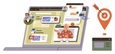 Laptop ekran görüntüleme ekibi işbirliği araçları, video çağrıları, mesajlaşma ve analitik. Takım çalışması, iletişim, proje yönetimi, üretkenlik, pazarlama stratejisi için ideal basit