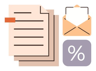 Kağıtlar düzgün bir şekilde açık zarf ve yüzde simgesinin yanına istiflenmiş, iletişim, belgeler ve hesaplamaları temsil ediyor. Finans, iş, e-posta, iletişim, iş akışı için ideal