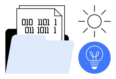 İkili kod kağıtlarıyla klasörü aç, yeniliği sembolize eden parlayan ampul, ve parlayan güneş. Teknoloji, veri yönetimi, yaratıcılık, programlama, yazılım geliştirme, modern fikirler için ideal