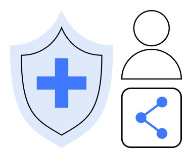 Tıbbi haç, kullanıcı figürü ve ağ paylaşım ikonu koruma, sağlık hizmeti ve bağlantıya sahip bir kalkan. Sağlık, bağlantı, güvenlik, takım çalışması sigorta işbirliği için ideal