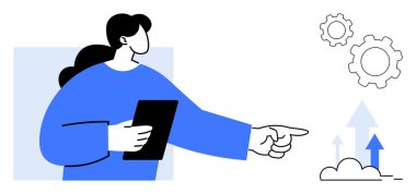 Elinde bir tablet tutan kişi dişli ve yukarı doğru oklu büyüme metaforuna işaret ediyor. Yenilik için ideal, takım çalışması, liderlik, ilerleme, yaratıcılık, planlama, basit iniş sayfası