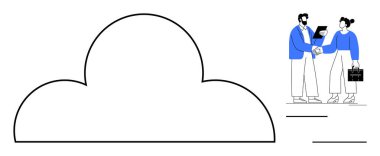 İki iş adamı büyük bir bulutun yanında el sıkışıyor. Bulut teknolojisini, takım çalışmasını ve ortaklıkları simgeliyor. İşbirliği, bulut hizmeti, yenilik, ağ oluşturma, iletişim için ideal