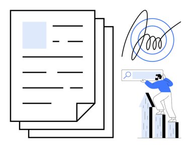 Bir yığın belge, dijital imza, arama çubuğuna bakan adam. Ticari, hukuki, analitik, araştırma, belgelendirme teknolojisi veri yönetimi için idealdir. Basit düz metafor