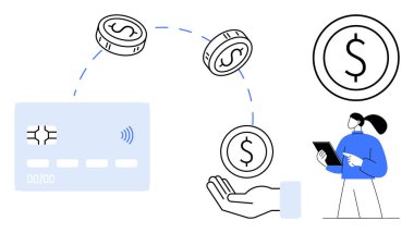 Kredi kartı, madeni para, el hareketi ve cep telefonu ödemelerini, dijital işlemleri vurgulayan tabletli kişi. Fintech, e-ticaret, çevrimiçi bankacılık, finans uygulamaları para yönetimi araçları için ideal