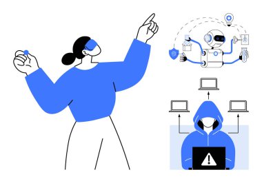 El kol hareketleri, robot işleri, bilgisayarlı hacker, birbirine bağlı dizüstü bilgisayarlar. Siber güvenlik, yapay zeka, veri gizliliği, teknoloji, tehditler için idealdir. Basit düz metafor.