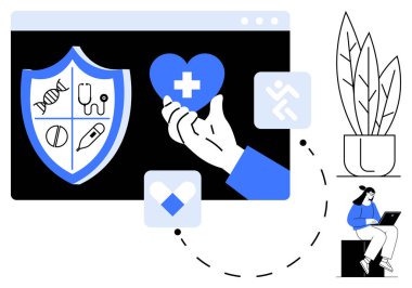 Sağlık uygulamaları ve teknoloji kalkanla işaretlenmiş, kalp elde, tıbbi ikonlar, dizüstü bilgisayarda kullanıcı. Dijital sağlık, teletıp, çevrimiçi bakım, sağlık güvenliği, sağlık uygulamaları için ideal