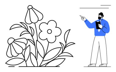 Elinde pano tutan adam çiçek açan yaprakları ve sapları işaret ediyor. Doğa çalışmaları, eğitim, büyüme, sürdürülebilirlik, rehberlik, araştırma, çevre bakımı, düz basit metafor