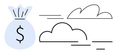 Dolar işaretli para çantası ve soyut bulut şekilleri finans, bulut teknolojisi, tasarruf veya veri entegrasyonunu akla getiriyor. İş, yenilik, finans, bulut hesaplama, bankacılık tasarrufu için ideal