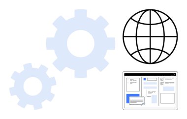 Dişliler sistem işlevselliğini sembolize eder, dünya küresel bağlantıyı temsil eder, tarayıcı arayüzü dijital araçları taşır. Teknoloji, yazılım, bütünleşme, küreselleşme, internet, süreç için ideal