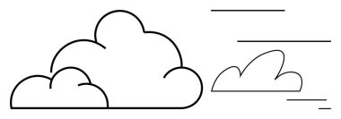 Büyük, tüylü bir bulutun siyah hatları ve rüzgarı temsil eden kıvrımlı çizgileri olan daha küçük bir bulut. Hava tahmini, çevre, doğa, basitlik, minimalizm, hava akımı, basit iniş için ideal