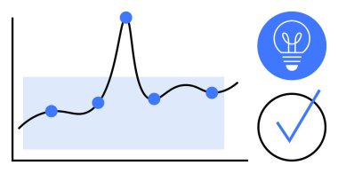 Veri noktaları olan çizgi grafiği, fikirler için ampul ve doğrulama için kontrol işareti. Veri takibi, yenilik, karar verme, araştırma, ilerleme, analitik basit iniş sayfası için ideal