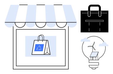 Geri dönüşüm çantası, evrak çantası ve içinde rüzgar türbini ve güneş paneli bulunan ampul olan bir depo önü. Sürdürülebilirlik, eko sektörü, yeşil enerji, yenilik, perakende fikirler, basit düz CSR