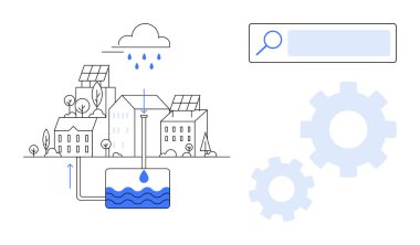 Güneş panelleri, yağmur suyu toplama tankı, arama barı, vites, yenilenebilir enerji, su tasarrufu ve çevresel sürdürülebilirliği vurgulayan şehir binaları. Yeşil yenilik için ideal, akıllı şehir