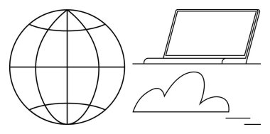 Küresel iletişim, bulut depolama, uzak çalışma, veri paylaşımı, yenilik, teknoloji ve modern ağı simgeleyen şebeke, dizüstü bilgisayar ve bulut elementleri basit bir düz metaforda yer almaktadır.