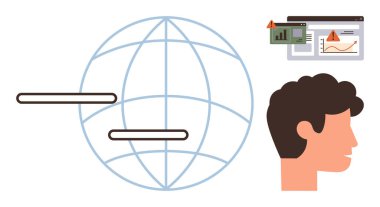 Veri çizgilerine, insan profiline ve uyarı uyarıları gösteren tarayıcı pencerelerine sahip bir dünya. Siber güvenlik, veri sızıntısı, çevrimiçi mahremiyet, küresel ağ, yapay zeka izleme, uyarı sistemleri ve risk için ideal