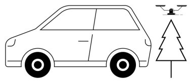 Üzerinde uçan bir dron olan bir ağacın yanında küçük bir araba. Ulaşım, teknoloji, eko-yaşam, akıllı cihazlar, seyahat, otomasyon sürdürülebilirliği için ideal. Temiz ve basit düz metafor