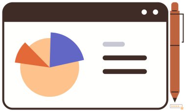 Bir kalem eşliğinde web-thumbs arayüzü üzerinde metin satırlarının yanında üç bölümlü turta grafiği. Veri görselleştirme, analitik, iş, araştırma, eğitim, sunum, basit iniş için ideal