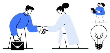 İş adamları el sıkışıyor, pano okuyan insanlar fikirleri sembolize eden ampuller. İş, ortaklık, anlaşma, yenilik, işbirliği, takım çalışması için ideal basit iniş sayfası