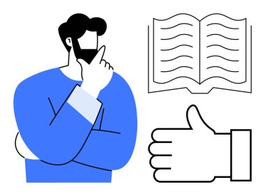 Mavi elbiseli düşünceli biri açık bir kitap ve olumlu bir jestle kafa yoruyor. Eğitim, karar verme, öğrenme, onay, öz değerlendirme, okuma alışkanlıkları, basit iniş sayfası için ideal