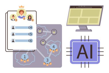 Kullanıcı profilleri, sıralamaları ve reytingleri olan lider pano, AI mikroçip ve izleme arayüzü ile birlikte bir ağ haritasına bağlı. Takım çalışması, değerlendirme, analitik, yapay zeka kullanıcısı için ideal
