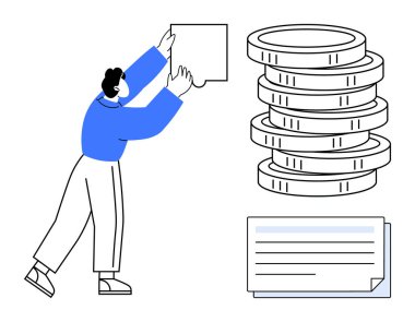 Birikmiş paraların yanında mali yönetim, yatırım ve tasarrufları sembolize eden belgeleri düzenleyen kişi. Bankacılık, zenginlik, ekonomi, strateji, bütçe planlaması için ideal basit düz metafor