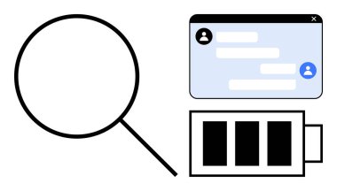 Büyüteç, mesajlarla sohbet arayüzü ve pil ikonu keşif, bağlantı ya da enerji öneriyor. Teknoloji, araştırma, iletişim, UI tasarım verileri ve basit