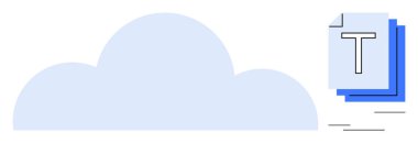 Uçan dokümanları olan açık mavi bir bulut. Bulut depolama, veri koruması, dosya paylaşımı, uzak çalışma, çevrimiçi yedekleme, dijital organizasyon, basit iniş sayfası için ideal