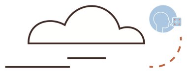 Bulut şekli ve bir cihazda ses komutu kullanan bir kafa silueti. Teknoloji, iletişim, bulut hizmetleri, ses tanıma, yenilik ve veri paylaşımı için ideal