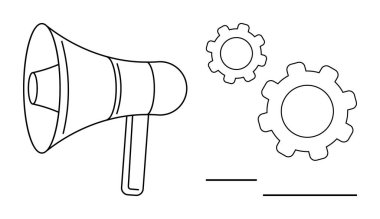 İki birbirine kenetlenmiş dişlinin yanında megafon iletişim, takım çalışması ve sistem süreçlerini sembolize eder. İş stratejisi, işbirliği, pazarlama, yenilik, iş akışı, bütünleşme için ideal basit