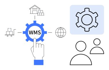 El etkileşimi WMS dişli ikonu, depo, dağıtım kamyonu, dünya, kullanıcılar ve sistem ayarları. Lojistik, teknoloji ve takım çalışması için ideal küresel iş deposu yönetim işlemleri basit