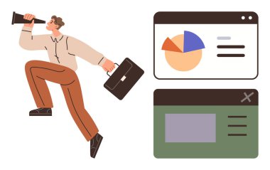 Profesyonel evrak çantası ve teleskopla birlikte çizelgelerin olduğu gösterge paneli. Ticari büyüme, analitik, planlama, strateji, fırsat, girişimcilik için ideal, basit düz metafor