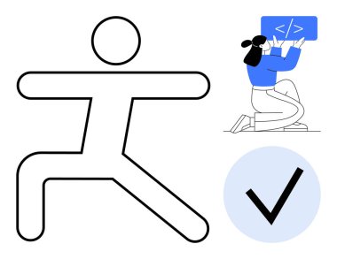 Yoga pozisyonunda çöp adam, dizüstü bilgisayarda kodlama ve daire şeklinde işaretleme. Kodlama, sağlık teknolojisi, verimlilik, iş hayatı dengesi, doğrulama, odaklanma veya basit bir iniş sayfası için ideal