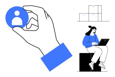 El ele tutuşan kullanıcı profili ikonu, dizüstü bilgisayarda çalışan kadın, asgari organizasyon şeması. Takım çalışması, İK, işe alım, çalışan yönetimi, ağ oluşturma, dijital iletişim için ideal basit düz metafor