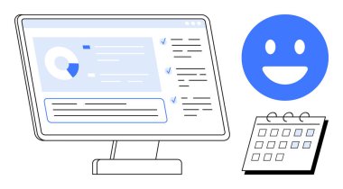 Bilgisayar monitörü görev listelerini analitik, gülümseyen bir duygu ve takvimle gösteriyor. Üretkenlik, verimlilik, planlama, organizasyon, zaman yönetimi, tatmin için ideal basit iniş