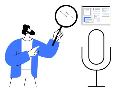 Elinde büyüteç tutan ve içeriğe işaret eden adam, sağda mikrofon, araştırmaları tasvir eden, podcast, analitik, içerik oluşturma, ses arama, yayın ve çevrimiçi öğrenme. Basit düz