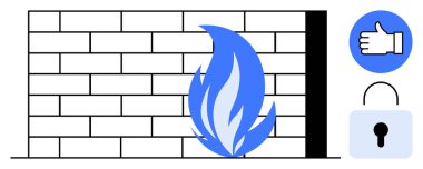 Ortasında mavi alev olan tuğla duvar, onay el simgesi ve kilit simgesi. Güvenlik, güvenlik duvarı, siber güvenlik, veri koruması, ağ güvenliği, özel iniş sayfası için ideal