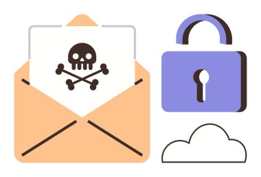 Zarfı aç, kafatası ve çapraz kemikli kötü amaçlı yazılım uyarısı, asma kilit ve bulut grafikleriyle birlikte. Siber güvenlik, e-posta güvenliği, şifreleme, kötü amaçlı yazılım koruması, çevrimiçi mahremiyet, alarm için ideal