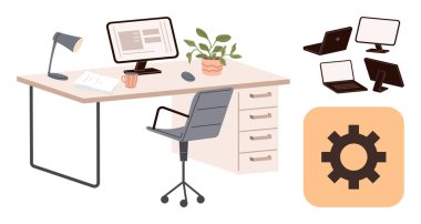 Ergonomik sandalye ve masa üstündeki bilgisayar çalışma istasyonu, masa lambası, bitki, dokümanlar ve teknolojik cihazlar. Üretkenlik, işyeri kurulumu, organizasyon, yaratıcılık, iş hayatı dengesi için ideal