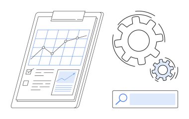 Dişliler ve arama çubuğuyla birlikte panodaki işlem şeması. Analiz, optimizasyon, teknoloji, iş akışı, üretkenlik, iş yönetimi ve basit iniş sayfası için ideal