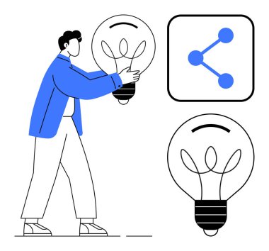Fikirleri temsil eden büyük ampulleri tutan, iletişimi ve ağı sembolize eden ikonları paylaşan kişi. Yaratıcılık, yenilik, takım çalışması, fikir paylaşımı, işbirliği, problem çözme için ideal