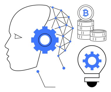 Aletleri, sinir ağı, bitcoin paraları ve ampulleri olan insan profili. Kripto para birimi, yenilik, engelleme zinciri, yapay zeka dijital ekonomi fintech bilgisi ve teknoloji için ideal. Basit düz metafor