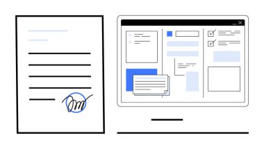 Formlar ve kontrol listeleriyle birlikte düzenli dijital iş akışını gösteren imzalı kağıt ve bilgisayar ekranı. İş, verimlilik, teknoloji, e-imza, belge yönetimi, uzaktan çalışma için ideal