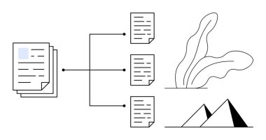 Birden fazla sayfaya ayrılan doküman yığını, soyut bitki ve piramit şekilleri. Organizasyon, iş akışı, hiyerarşi, dağıtım, veri yönetimi için ideal, basit düz metafor işleme