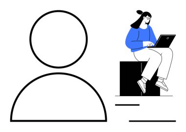 Dizüstü bilgisayarda çalışan bir profesyonelin yanında büyük minimalist kullanıcı profili sembolü. Teknoloji için ideal, çevrimiçi profil, üretkenlik, ağ oluşturma, dijital kimlik, kullanıcı etkileşimi, basit düz