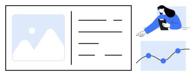 Resim tutucu, liste düzeni, profesyonel sunucu kadın pano ve büyüme eğilimi grafiği. Web sitesi tasarımı, veri görselleştirme, kullanıcı arayüzü, proje yönetimi ve içerik için ideal