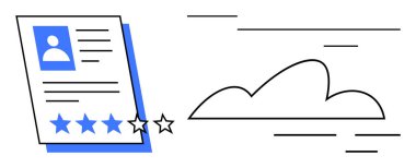 Çevrimiçi geri bildirim ima eden bir bulut simgesinin yanında profil, metin ve yıldız reytinglerine sahip belge. Reytingler, referanslar, dijital platformlar, itibar yönetimi, müşteri memnuniyeti, bulut