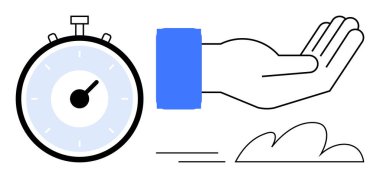 Kronometre hareket çizgileri ve soyut bulut formlarının yanına uzanan bir elle eşleştirildi. Zaman, verimlilik, yardım, destek, verimlilik, eylem, teslim tarihi kavramları için ideal. Basit bir düz metafor.