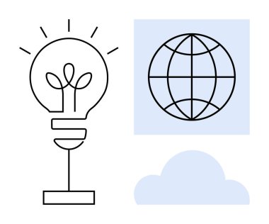 Gelişmeyi ve yeniliği sembolize eden filizlenen bitkili ampul, küresel bağlantıyı temsil eden küre ve teknolojiyi gösteren bulut. Sürdürülebilirlik, ekolojik farkındalık ve küresel düşünce için ideal