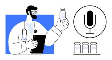 Doktor elinde şişeyle mikrofon ikonu ve ilaç şişelerinin yanındaki tabletteki verileri inceliyor. Sağlık, araştırma, teletıp, dijital yenilik, uyuşturucu geliştirme, tıbbi yayınlar için ideal